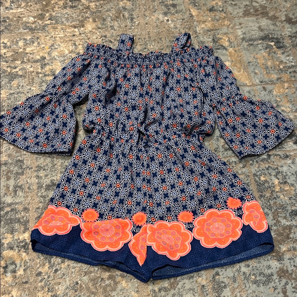 My Michelle Kids Floral Romper in Blue and Orange